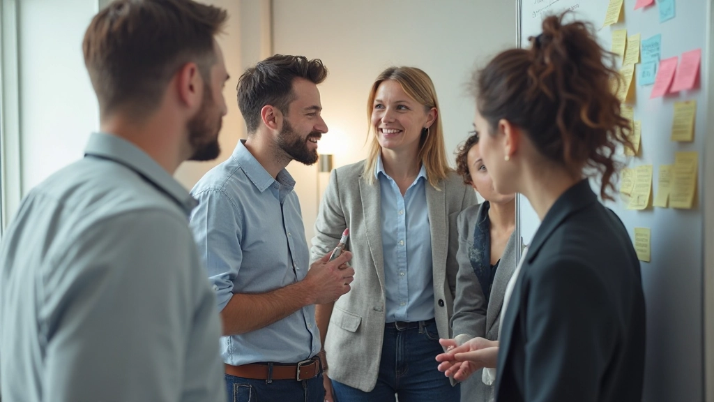 Team in brainstormsessie met notities op whiteboard, discussie over organisatorische veranderingen