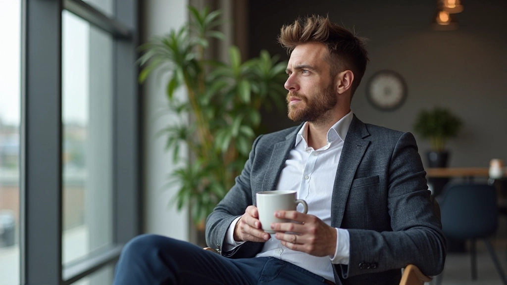 Man in reflectieve houding met kopje koffie, nadenkt over uitdagingen van veranderingsproces