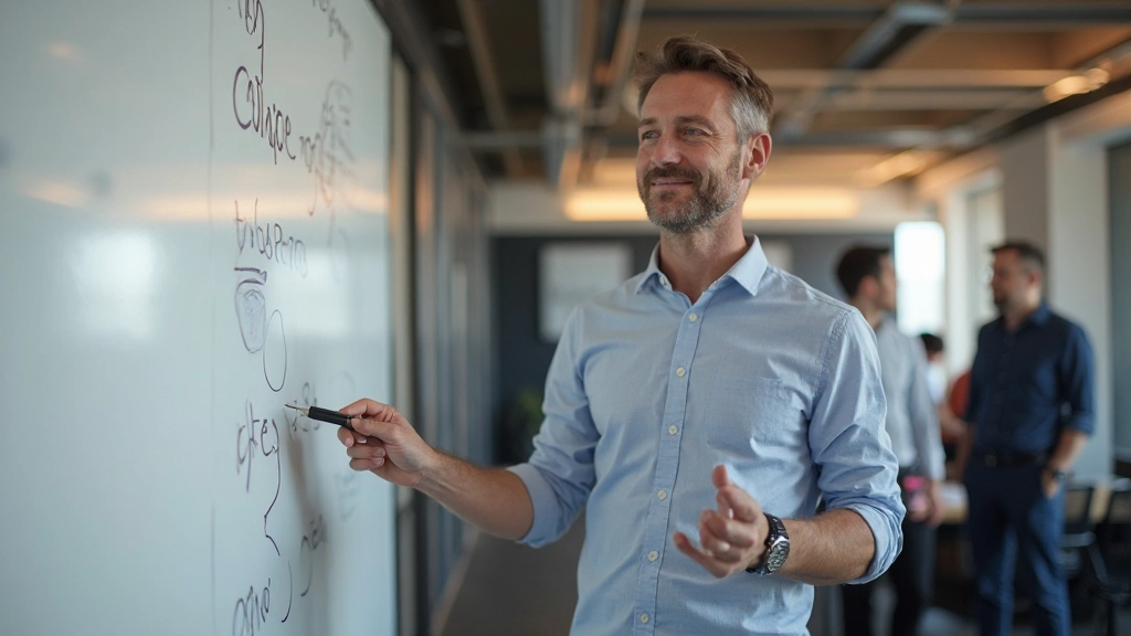 Persoon in brainstormsessie met collega's, notities op whiteboard achter hen