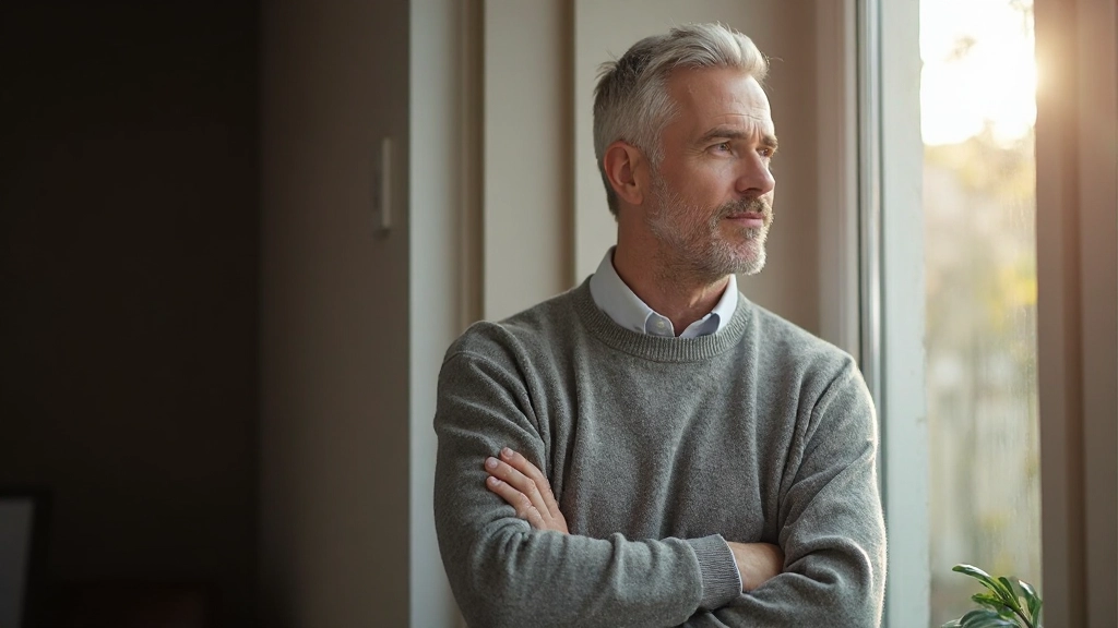 Persoon kijkt peinzend uit raam, nadenkend over levenservaringen, zacht natuurlijk licht, rustgevende omgeving