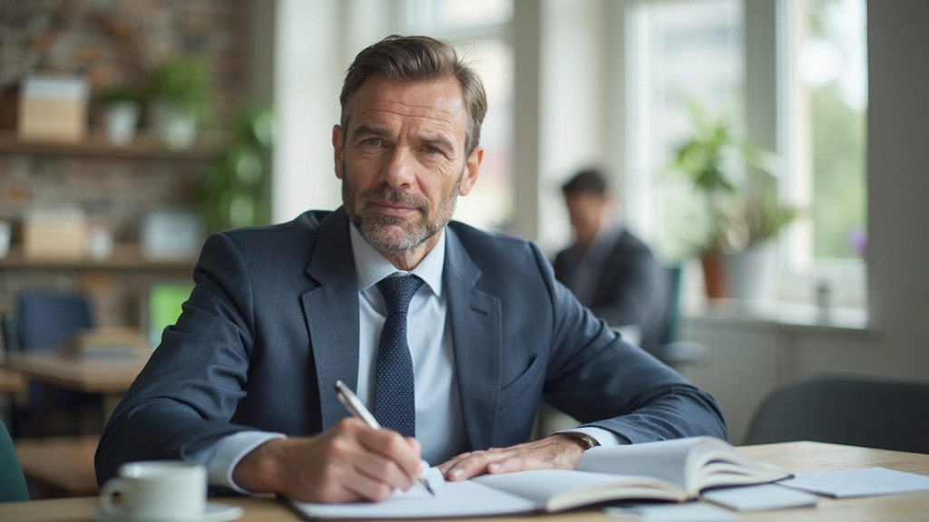 Man zittend in een moderne kantooromgeving met een notitieblok, concentreert zich op plannen en doelstelling