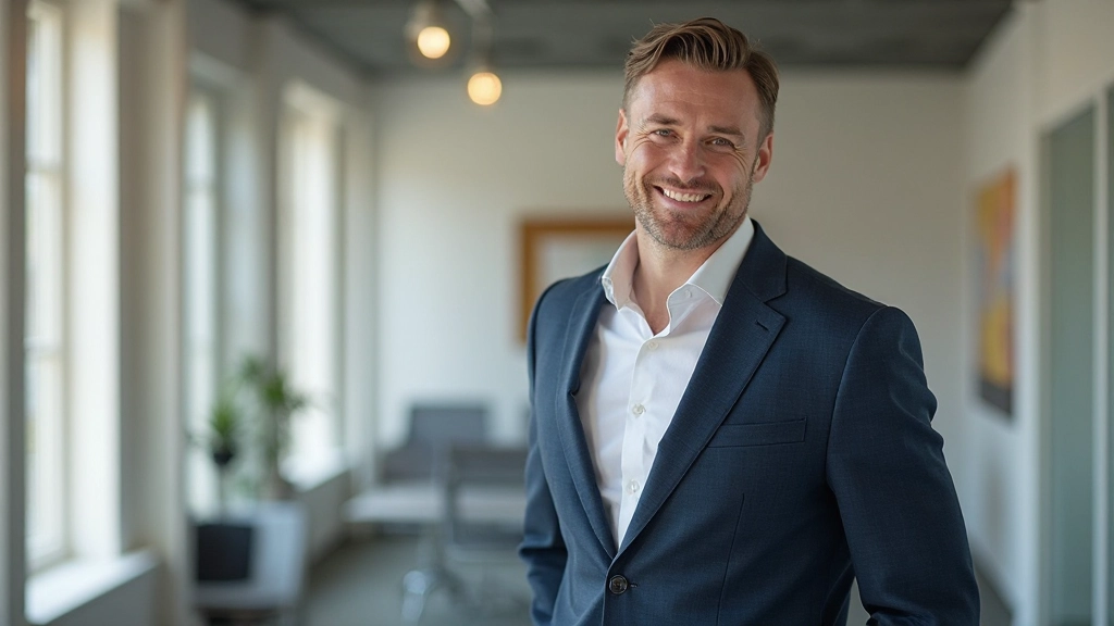 Man in professionele kledij staande in een modern kantoor, toont zelfvertrouwen en rust door effectieve mentale flexibiliteit