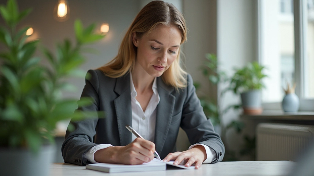 Vrouw aan bureau notulering van aantekeningen en actiepunten voor veranderingsimplementatie