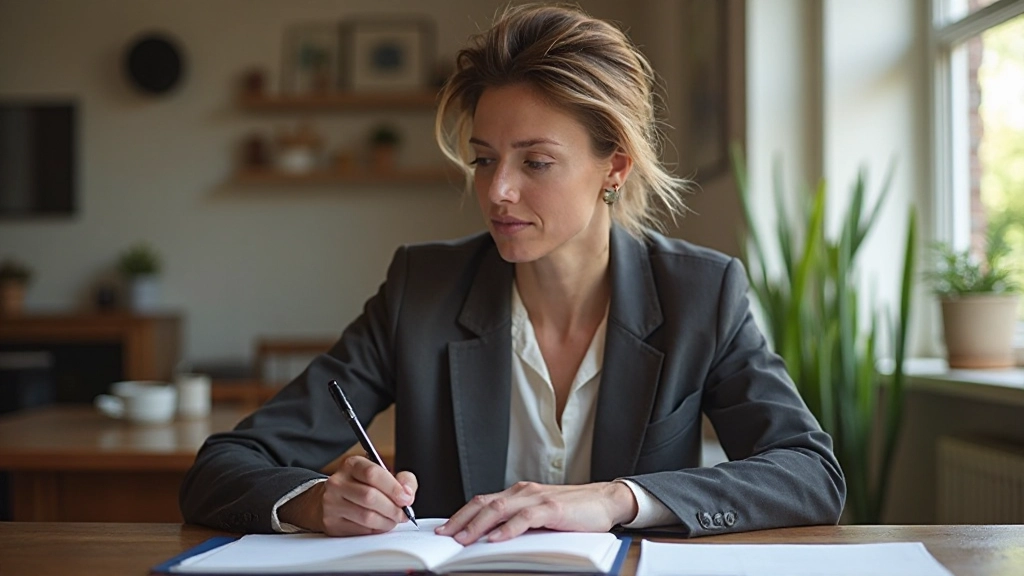 Iemand schrijft in notitieboekje, reflectief moment, hand met pen, houten tafel, natuurlijk daglicht