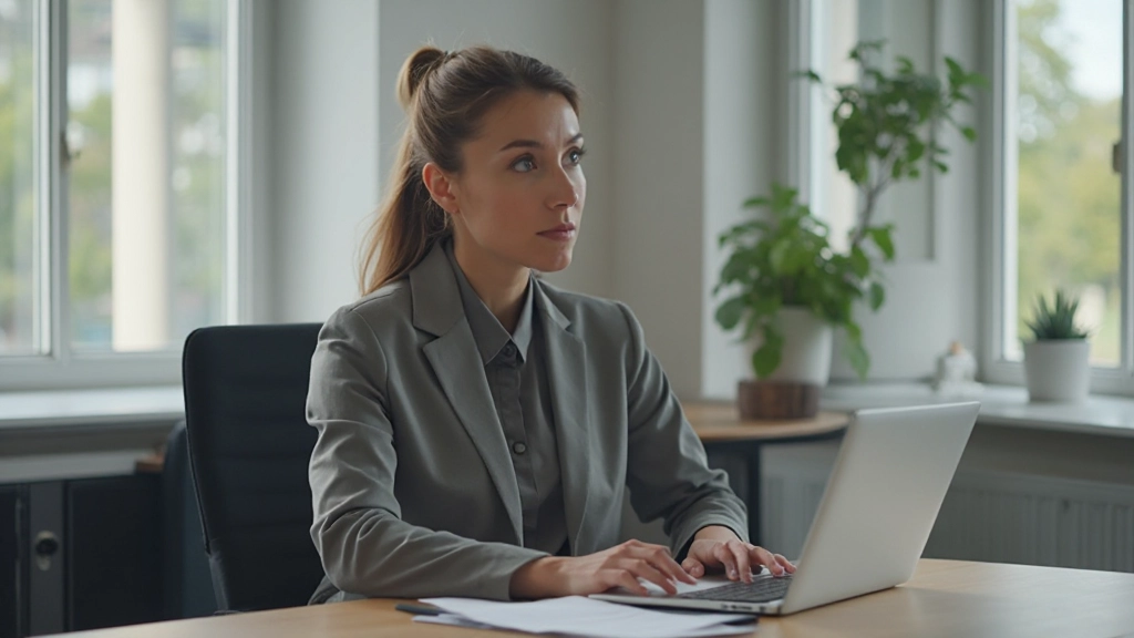 Vrouw aan het werk bij een bureau in een heldere kantooromgeving, toont actieve betrokkenheid en focus op haar werkzaamheden